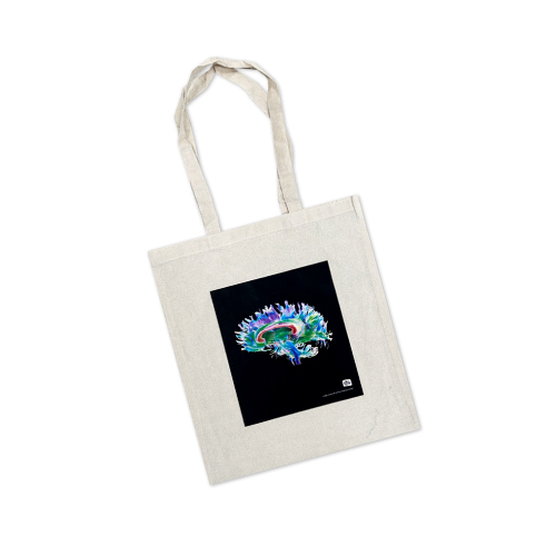 Art print tote bag featuring a bright image of the human brain