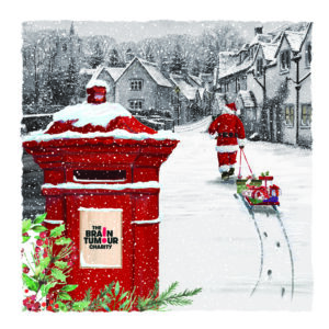 Special Delivery Service Charity Christmas Card featuring a snowy postbox in a village with Santa in the background