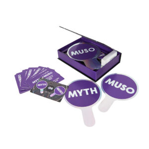 Myth or Muso True or False Music Quiz Game with cards and paddles spread out on a white background