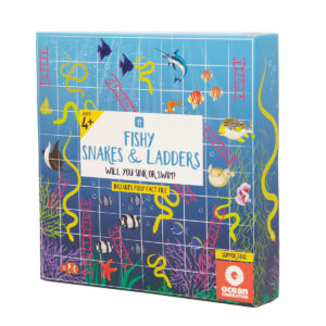 Fishy Snakes and Ladders game in box on white background