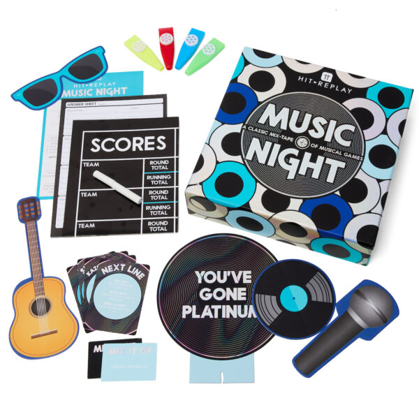 Hit Replay Music Night Game with its contents laid out on a white surface