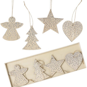 wooden Christmas decorations with silver studs on a white background