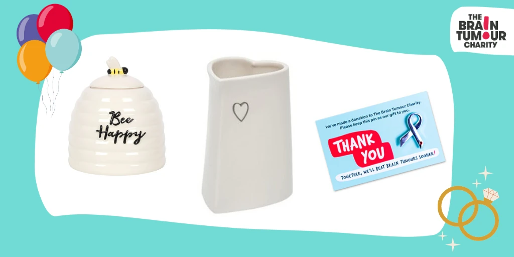 Banner for wedding and celebration gifts showing a heart-shaped vase, a bee themed cookie jar, and a wedding favour in badge. In the corners it has vector graphics of balloons and wedding rings
